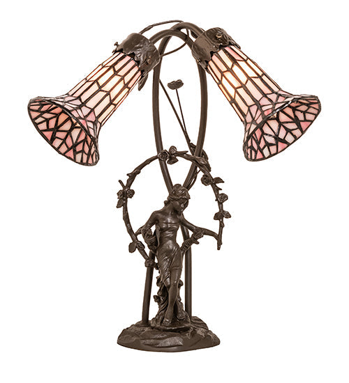 Meyda Lighting Pond Lily 17" 2-Light Mahogany Bronze Trellis Girl Accent Table Lamp With Pink Stained Shade Glass