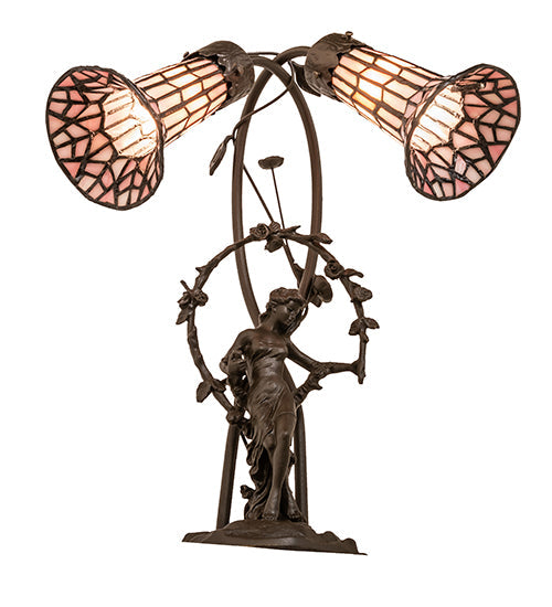 Meyda Lighting Pond Lily 17" 2-Light Mahogany Bronze Trellis Girl Accent Table Lamp With Pink Stained Shade Glass