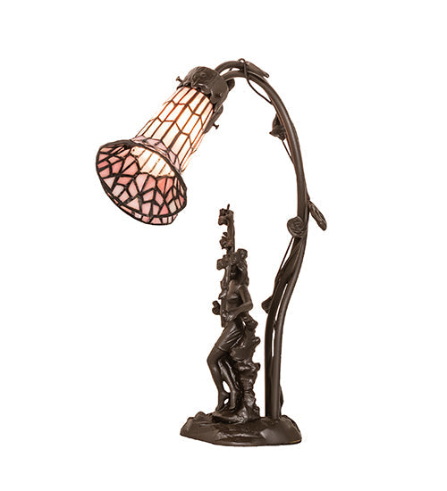 Meyda Lighting Pond Lily 17" 2-Light Mahogany Bronze Trellis Girl Accent Table Lamp With Pink Stained Shade Glass