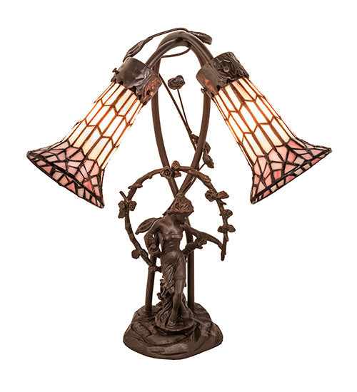 Meyda Lighting Pond Lily 17" 2-Light Mahogany Bronze Trellis Girl Accent Table Lamp With Pink Stained Shade Glass
