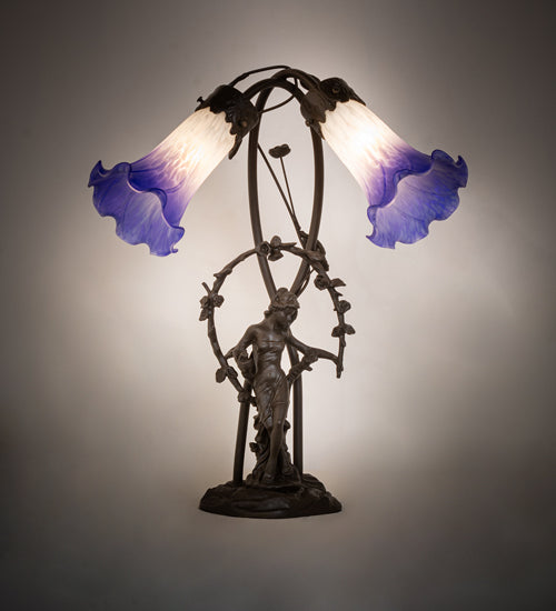 Meyda Lighting Pond Lily 17" 2-Light Mahogany Bronze Trellis Girl Table Lamp With Blue & White Shade Glass