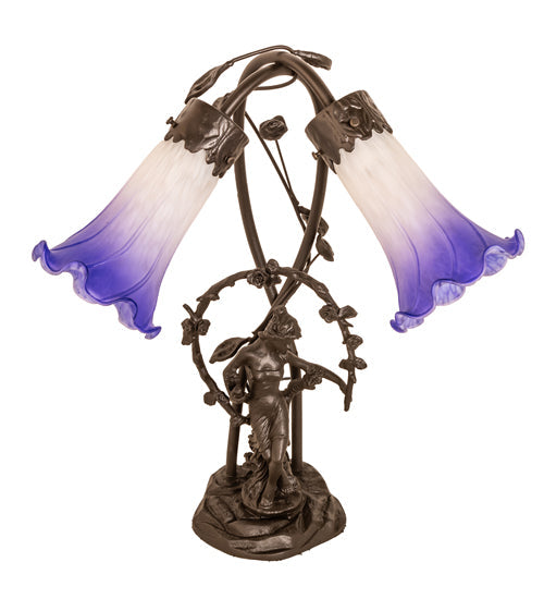 Meyda Lighting Pond Lily 17" 2-Light Mahogany Bronze Trellis Girl Table Lamp With Blue & White Shade Glass
