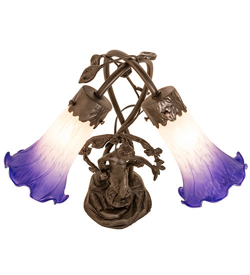 Meyda Lighting Pond Lily 17" 2-Light Mahogany Bronze Trellis Girl Table Lamp With Blue & White Shade Glass