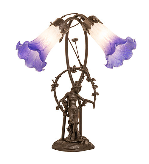 Meyda Lighting Pond Lily 17" 2-Light Mahogany Bronze Trellis Girl Table Lamp With Blue & White Shade Glass