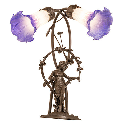 Meyda Lighting Pond Lily 17" 2-Light Mahogany Bronze Trellis Girl Table Lamp With Blue & White Shade Glass