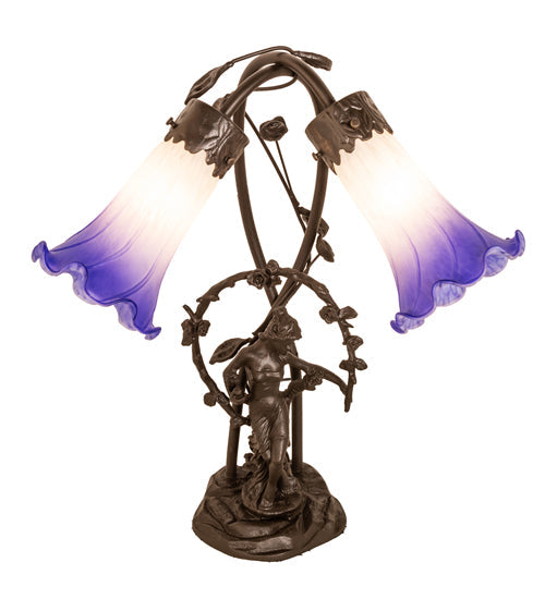Meyda Lighting Pond Lily 17" 2-Light Mahogany Bronze Trellis Girl Table Lamp With Blue & White Shade Glass
