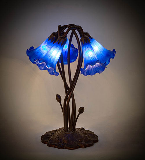 Meyda Lighting Pond Lily 17" 5-Light Mahogany Bronze Accent Table Lamp With Blue Shade Glass