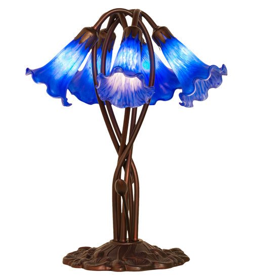 Meyda Lighting Pond Lily 17" 5-Light Mahogany Bronze Accent Table Lamp With Blue Shade Glass