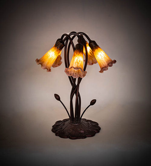 Meyda Lighting Pond Lily 17" 5-Light Mahogany Bronze Table Lamp With Amber Purple Shade Glass
