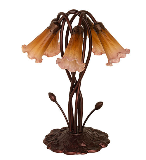 Meyda Lighting Pond Lily 17" 5-Light Mahogany Bronze Table Lamp With Amber Purple Shade Glass