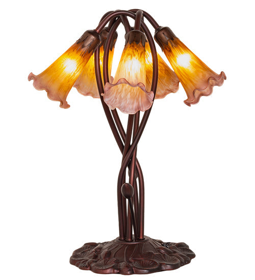 Meyda Lighting Pond Lily 17" 5-Light Mahogany Bronze Table Lamp With Amber Purple Shade Glass