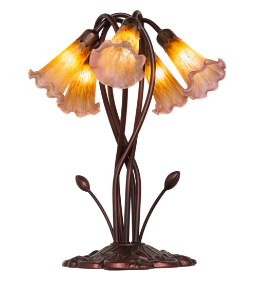 Meyda Lighting Pond Lily 17" 5-Light Mahogany Bronze Table Lamp With Amber Purple Shade Glass