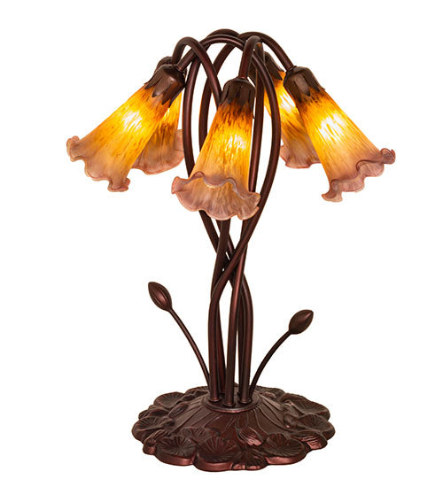 Meyda Lighting Pond Lily 17" 5-Light Mahogany Bronze Table Lamp With Amber Purple Shade Glass