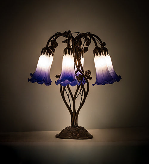 Meyda Lighting Pond Lily 18" 6-Light Mahogany Bronze Table Lamp With Blue & White Shade Glass