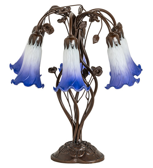Meyda Lighting Pond Lily 18" 6-Light Mahogany Bronze Table Lamp With Blue & White Shade Glass