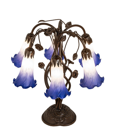 Meyda Lighting Pond Lily 18" 6-Light Mahogany Bronze Table Lamp With Blue & White Shade Glass