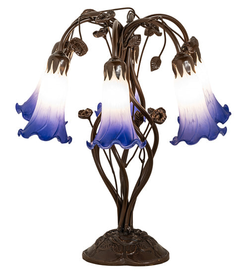 Meyda Lighting Pond Lily 18" 6-Light Mahogany Bronze Table Lamp With Blue & White Shade Glass