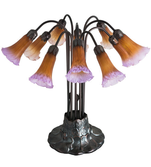 Meyda Lighting Pond Lily 22" 10-Light Mahogany Bronze Table Lamp With Amber and Purple Shade Glass