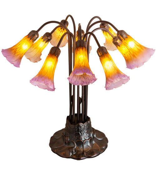 Meyda Lighting Pond Lily 22" 10-Light Mahogany Bronze Table Lamp With Amber and Purple Shade Glass