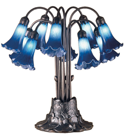 Meyda Lighting Pond Lily 22" 10-Light Mahogany Bronze Table Lamp With Blue Shade Glass