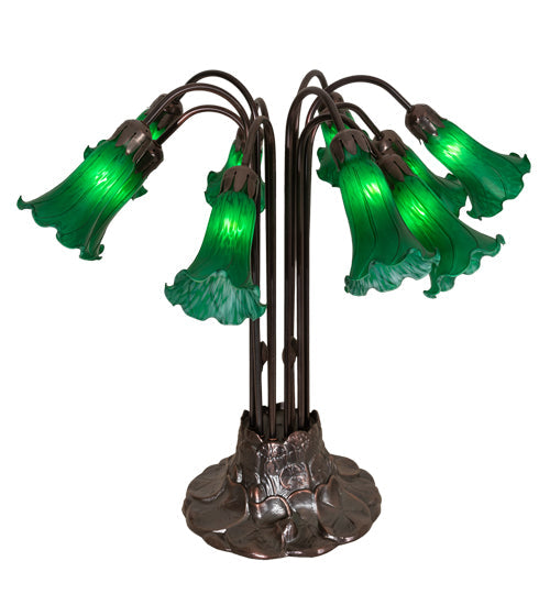 Meyda Lighting Pond Lily 22" 10-Light Mahogany Bronze Table Lamp With Green Shade Glass
