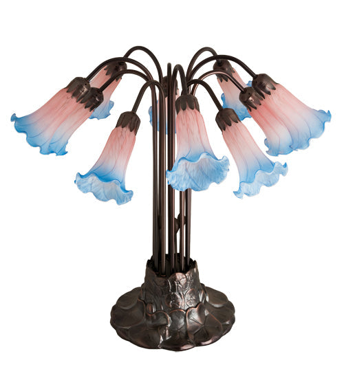 Meyda Lighting Pond Lily 22" 10-Light Mahogany Bronze Table Lamp With Pink and Blue Shade Glass