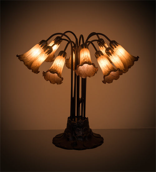 Meyda Lighting Pond Lily 24" 10-Light Mahogany Bronze Table Lamp With Amber Shade Glass