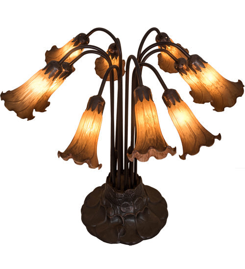 Meyda Lighting Pond Lily 24" 10-Light Mahogany Bronze Table Lamp With Amber Shade Glass
