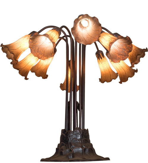 Meyda Lighting Pond Lily 24" 10-Light Mahogany Bronze Table Lamp With Amber Shade Glass