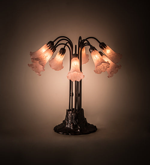 Meyda Lighting Pond Lily 24" 10-Light Mahogany Bronze Table Lamp With Pink Shade Glass