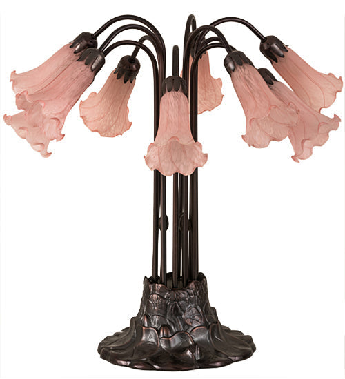 Meyda Lighting Pond Lily 24" 10-Light Mahogany Bronze Table Lamp With Pink Shade Glass