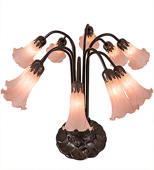 Meyda Lighting Pond Lily 24" 10-Light Mahogany Bronze Table Lamp With Pink Shade Glass