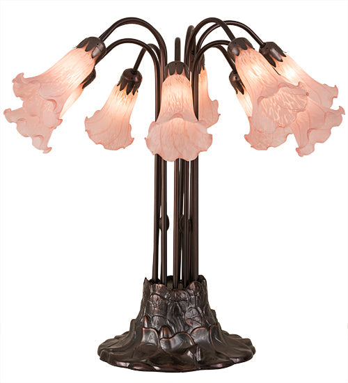Meyda Lighting Pond Lily 24" 10-Light Mahogany Bronze Table Lamp With Pink Shade Glass