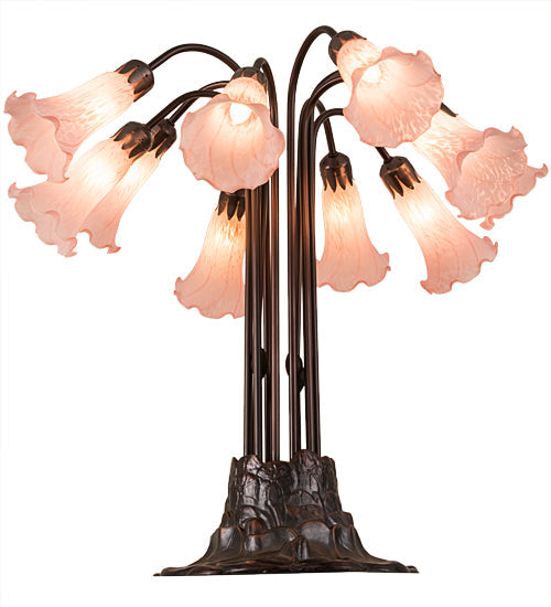 Meyda Lighting Pond Lily 24" 10-Light Mahogany Bronze Table Lamp With Pink Shade Glass
