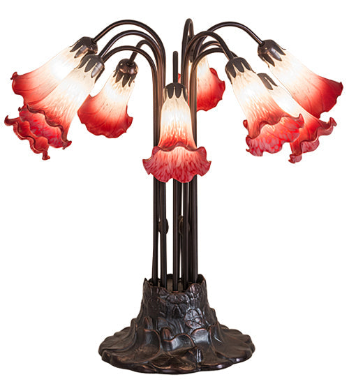 Meyda Lighting Pond Lily 24" 10-Light Mahogany Bronze Table Lamp With Pink and White Shade Glass