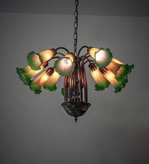 Meyda Lighting Pond Lily 24" 12-Light Mahogany Bronze Chandelier With Amber & Green Shade Glass