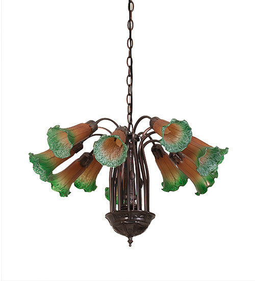 Meyda Lighting Pond Lily 24" 12-Light Mahogany Bronze Chandelier With Amber & Green Shade Glass