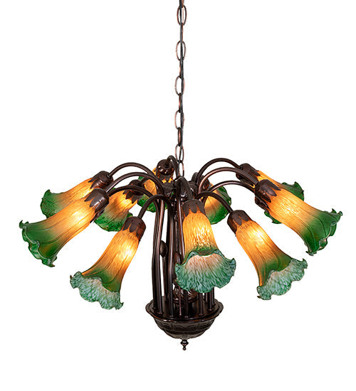 Meyda Lighting Pond Lily 24" 12-Light Mahogany Bronze Chandelier With Amber & Green Shade Glass