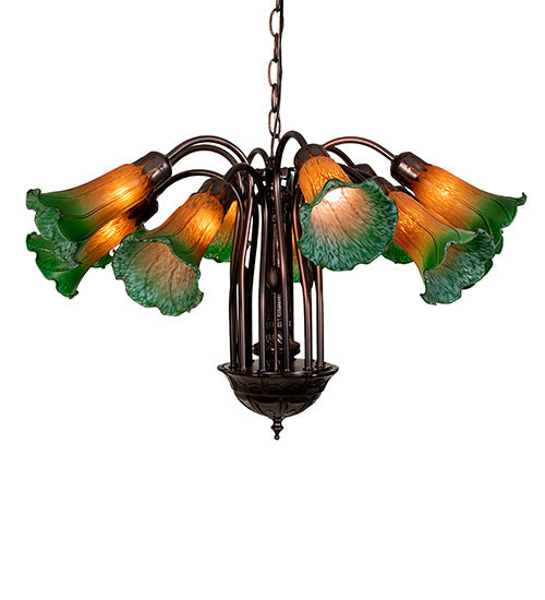 Meyda Lighting Pond Lily 24" 12-Light Mahogany Bronze Chandelier With Amber & Green Shade Glass