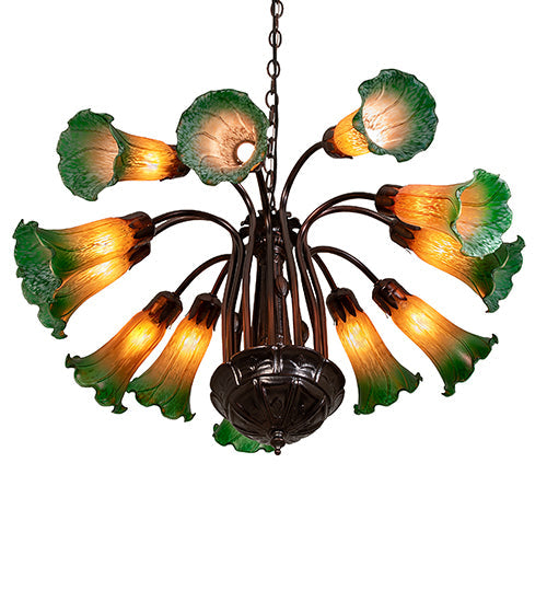 Meyda Lighting Pond Lily 24" 12-Light Mahogany Bronze Chandelier With Amber & Green Shade Glass