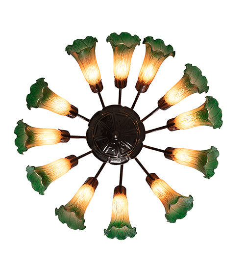 Meyda Lighting Pond Lily 24" 12-Light Mahogany Bronze Chandelier With Amber & Green Shade Glass