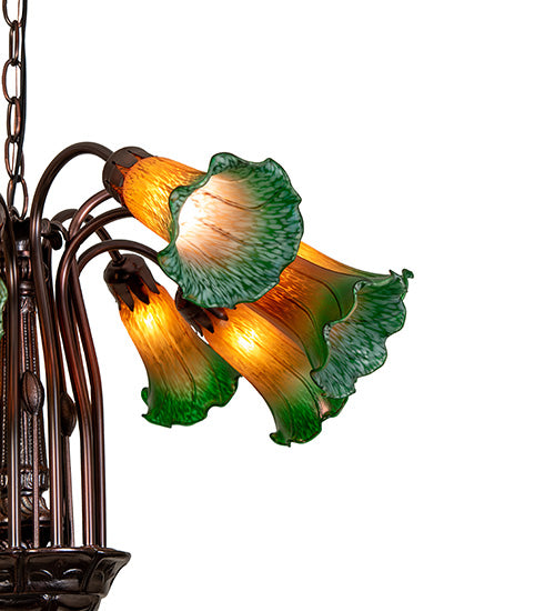 Meyda Lighting Pond Lily 24" 12-Light Mahogany Bronze Chandelier With Amber & Green Shade Glass