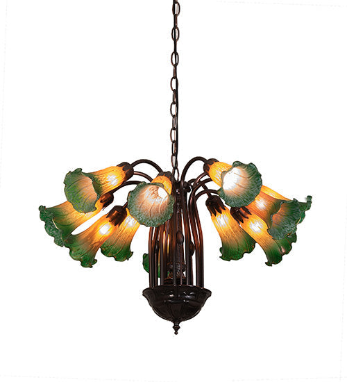 Meyda Lighting Pond Lily 24" 12-Light Mahogany Bronze Chandelier With Amber & Green Shade Glass