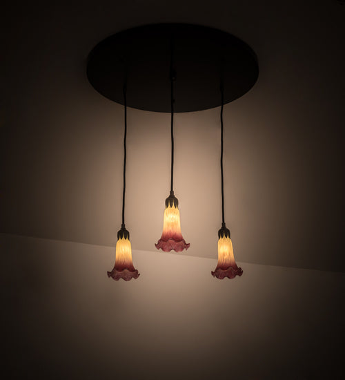 Meyda Lighting Pond Lily 24" 3-Light Timeless Bronze Cascading Pendant Light With Light Green & Pink Shade Glass