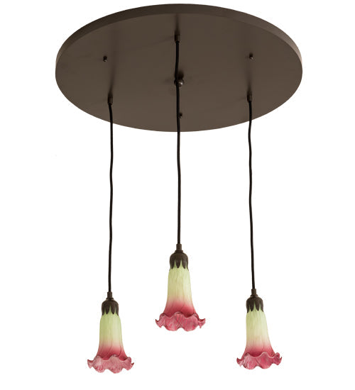 Meyda Lighting Pond Lily 24" 3-Light Timeless Bronze Cascading Pendant Light With Light Green & Pink Shade Glass