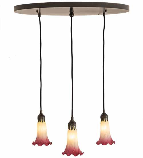 Meyda Lighting Pond Lily 24" 3-Light Timeless Bronze Cascading Pendant Light With Light Green & Pink Shade Glass