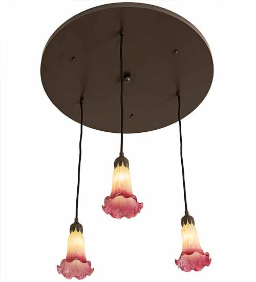 Meyda Lighting Pond Lily 24" 3-Light Timeless Bronze Cascading Pendant Light With Light Green & Pink Shade Glass