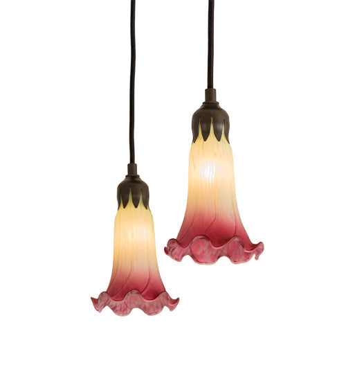 Meyda Lighting Pond Lily 24" 3-Light Timeless Bronze Cascading Pendant Light With Light Green & Pink Shade Glass