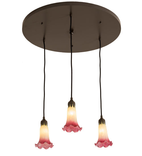 Meyda Lighting Pond Lily 24" 3-Light Timeless Bronze Cascading Pendant Light With Light Green & Pink Shade Glass
