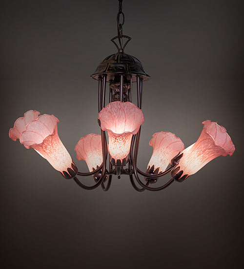 Meyda Lighting Pond Lily 24" 7-Light Mahogany Bronze Chandelier With Pink Shade Glass